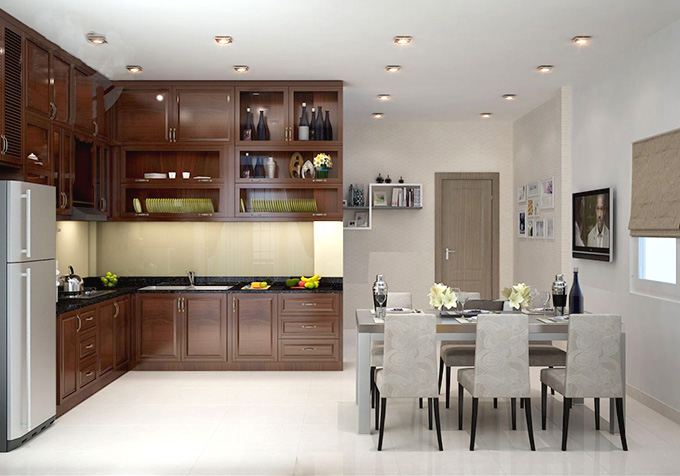 Một thiết kế đẳng cấp cho phòng bếp trong căn nhà phố 3 tầng với diện tích chỉ 5m. Những chi tiết tinh xảo và sự phối màu hài hòa sẽ khiến bạn muốn bước vào căn bếp này ngay lập tức.